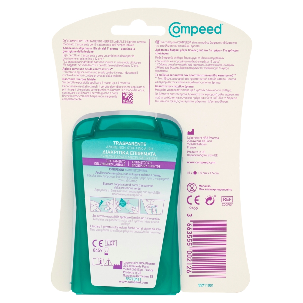 Compeed Cerotto Medicato Trasparente Trattamento dell'Herpes Labiale 15 pz